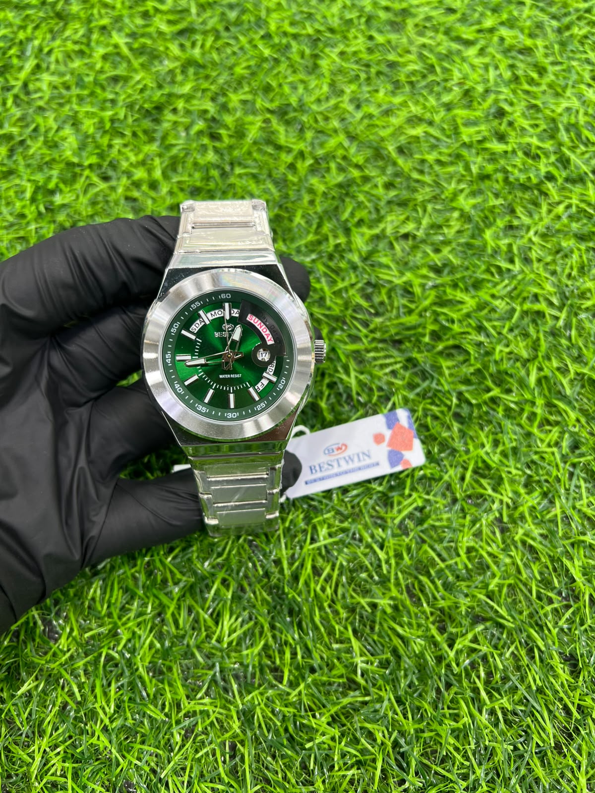 Verdigris green dial steel bracelet watch