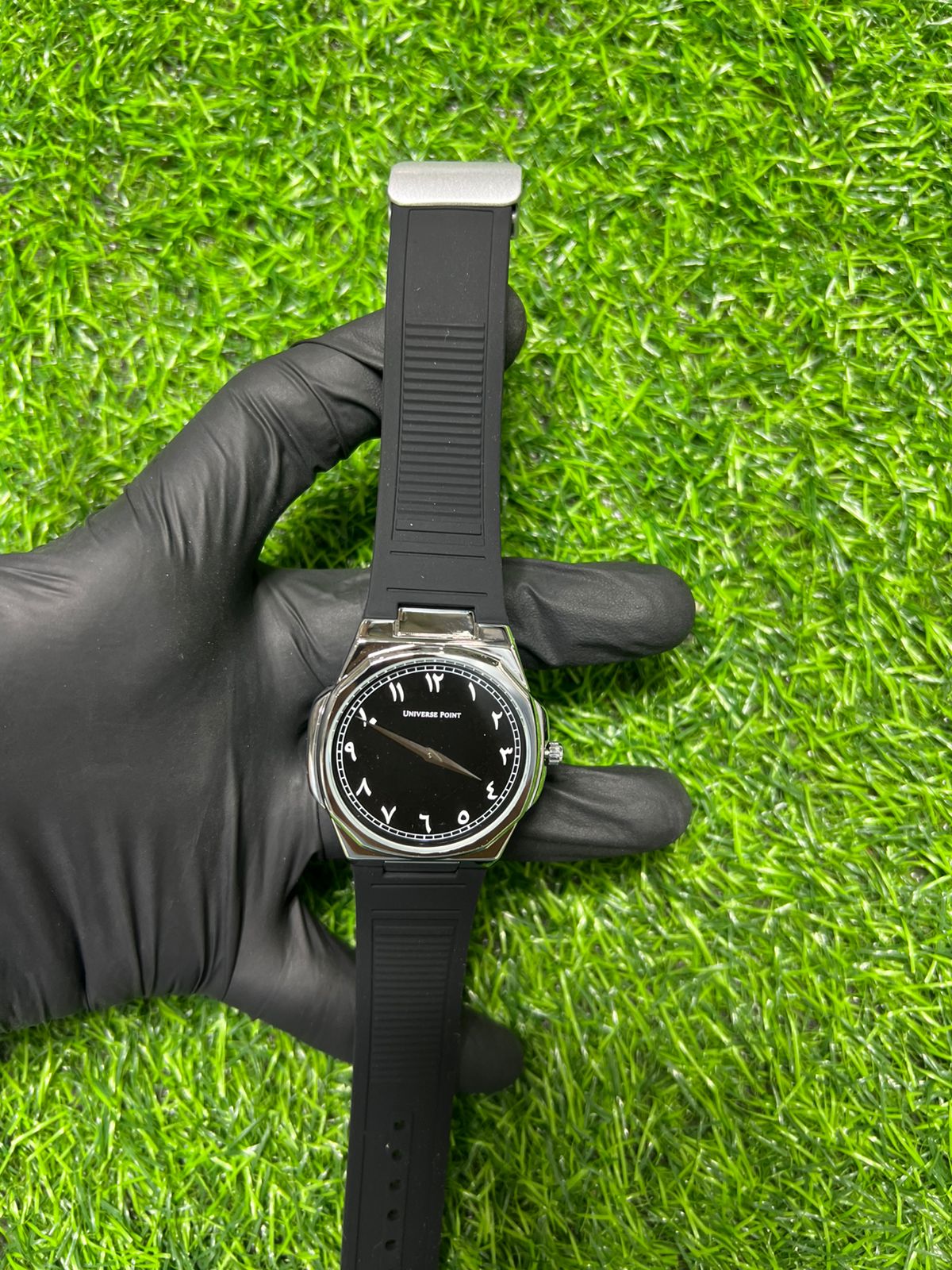 Carbon black dial black strap watch