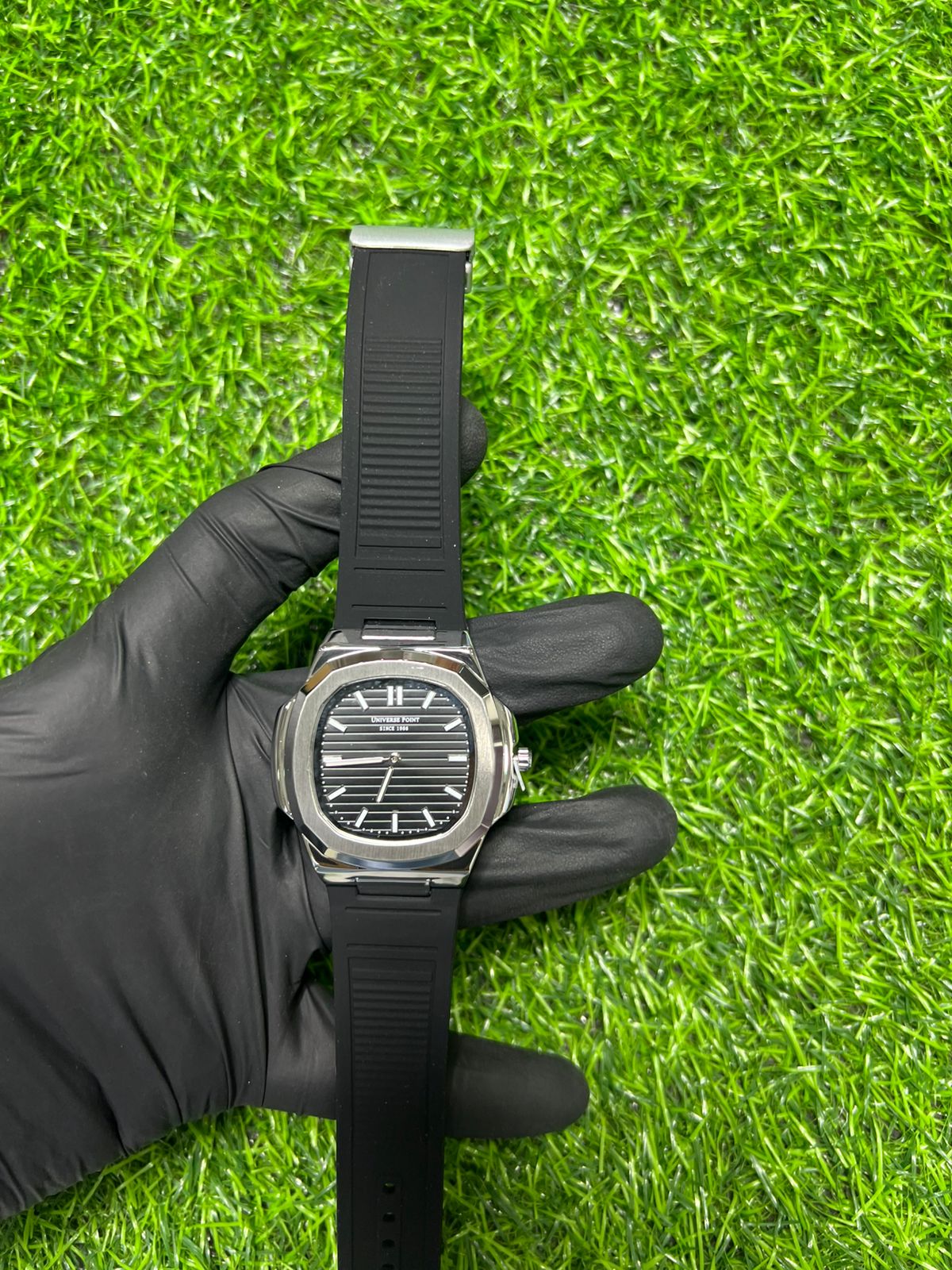 Slate square dark watch with black strap