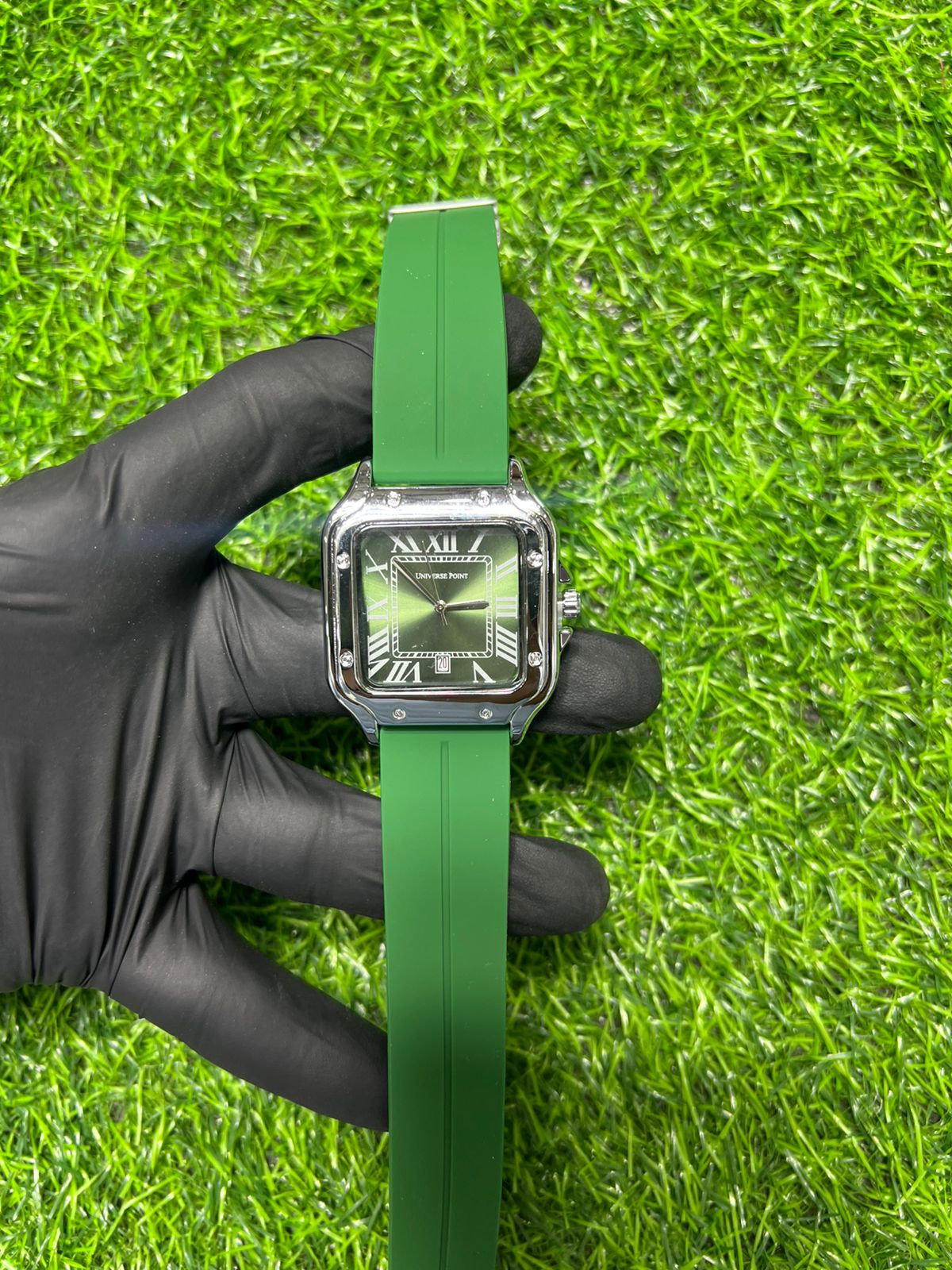 Moss square case watch with green strap