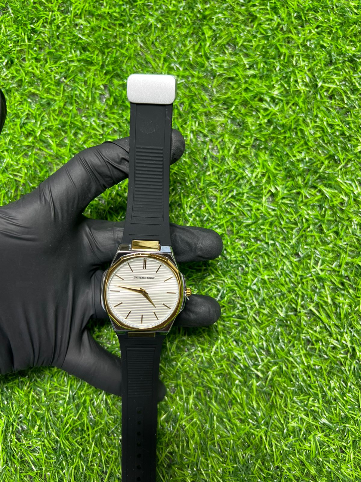 Ivory dial black strap watch