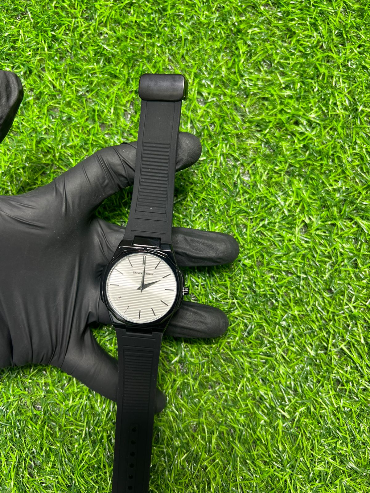 Monochrome white dial black strap watch