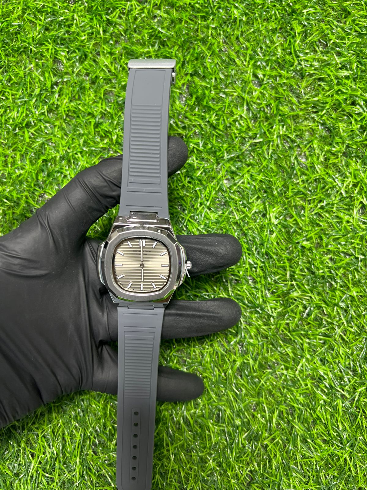 Pewter square watch with grey strap