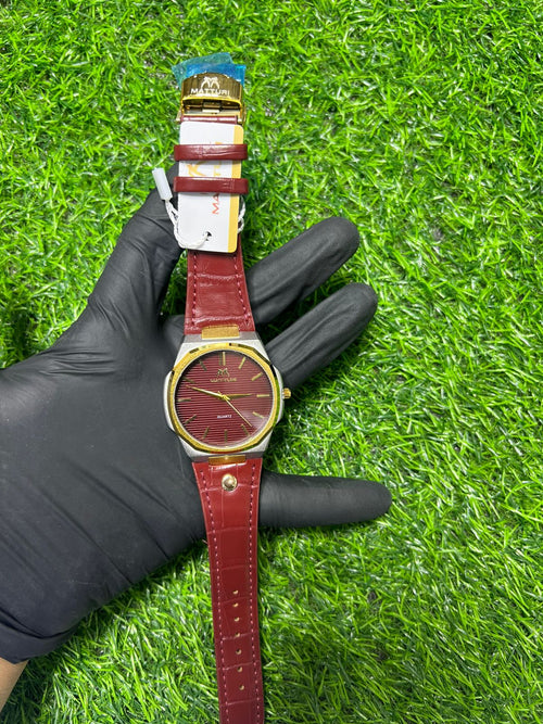 Bordeaux burgundy dial and strap gold-tone watch