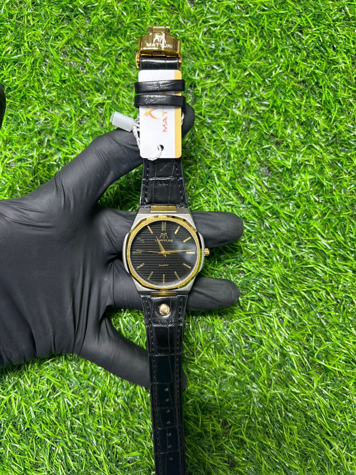 Noir Gilt black dial dark leather-look strap watch