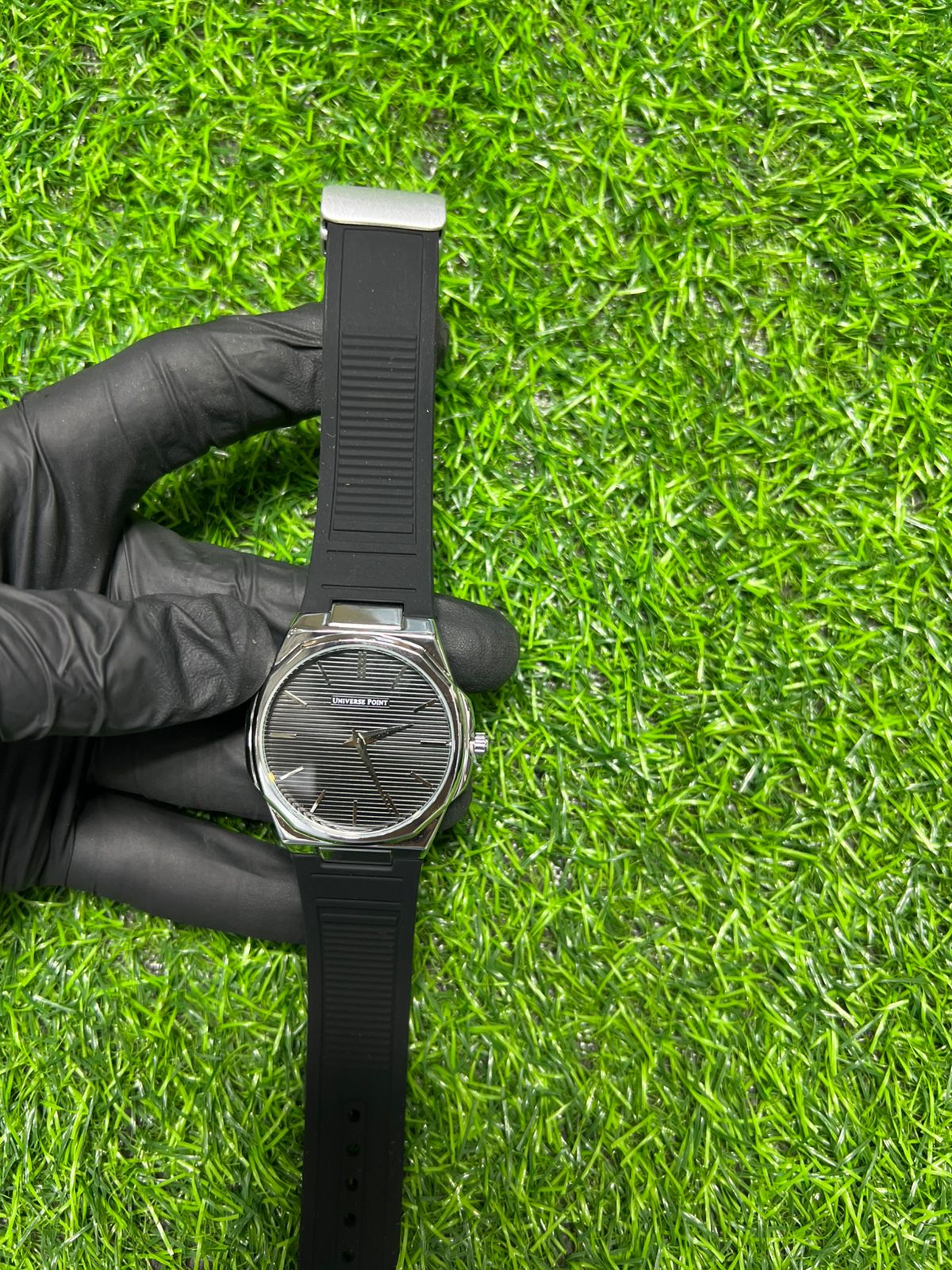Ash grey dial black strap watch
