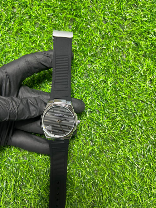 Ash grey dial black strap watch