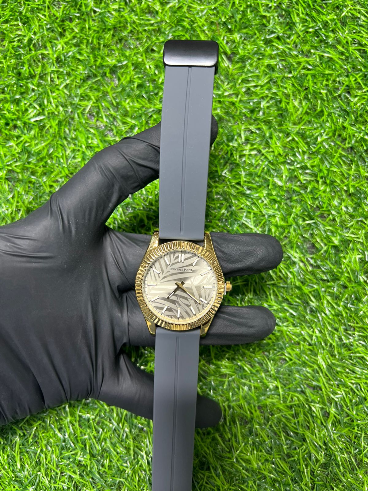 Champagne Etched gold dial grey strap watch