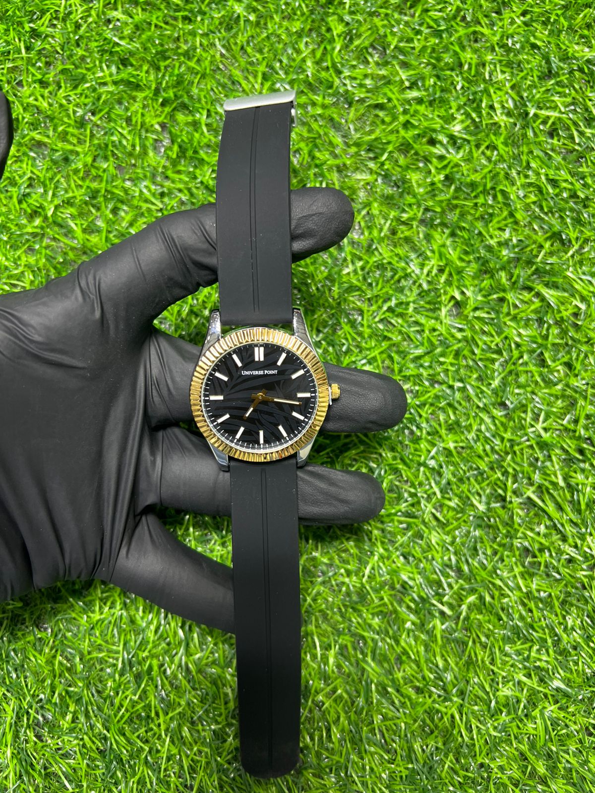 Obsidian black dial gold markers black strap watch